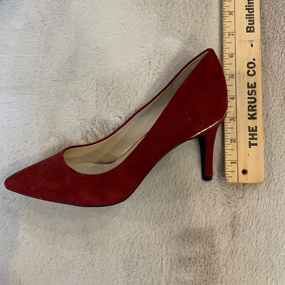 Jones New York Red Gold Heels 8.5 Suede Never Worn Date Coquette Scandi Normcore - Picture 6 of 6